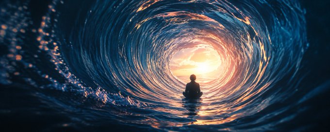 A silhouetted figure sits cross-legged in a meditative pose at the center of a swirling, luminescent ocean vortex with a glowing sunset horizon.