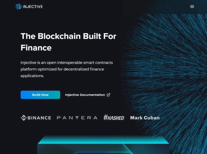 Injective blockchain homepage with the tagline 'The Blockchain Built For Finance,' promoting their open interoperable smart contracts platform, with logos of investors Binance, Pantera, Hashed, and Mark Cuban.