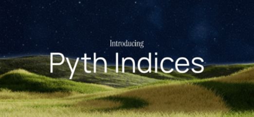 The image features a large green hill with a field of grass at its base. The sky above the hill is dark blue, suggesting that it might be nighttime or during dusk. In the center of the image, there's white text that reads "Introducing Pyth Indices". This text is surrounded by stars and clouds in the background, creating an atmosphere of mystery and intrigue.