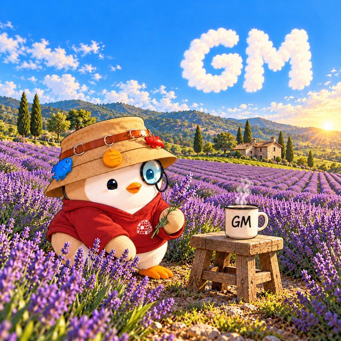 A cartoon penguin wearing a straw hat and red hoodie sits in a lavender field beside a mug labeled “GM,” with cloud-like letters “GM” above it.