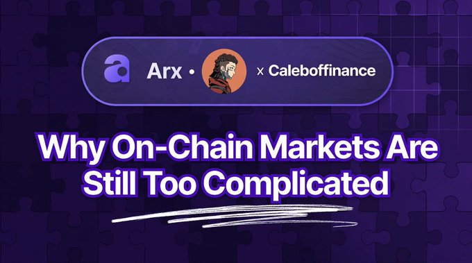 A purple graphic banner for an Arx x Calebofficial collaboration titled 'Why On-Chain Markets Are Still Too Complicated.'