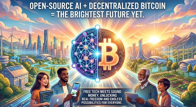 A promotional graphic with the text 'OPEN-SOURCE AI + DECENTRALIZED BITCOIN = THE BRIGHTEST FUTURE YET.' featuring a Bitcoin logo merged with an AI neural network above a futuristic city and diverse group of people.