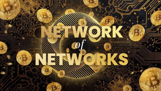 A graphic featuring gold Bitcoin coins floating around a central sphere with the text 'NETWORK of NETWORKS' displayed prominently.