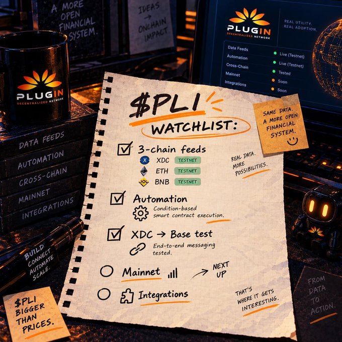 A notepad titled '$PLI WATCHLIST' lists items like '3-chain feeds', 'Automation', and 'XDC -> Base test', surrounded by branded 'PLUGIN' merchandise and sticky notes.