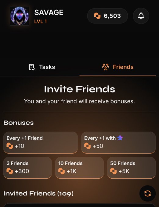 A mobile app screen showing a user profile "SAVAGE LVL 1" with 6,503 points and an "Invite Friends" tab displaying various referral bonuses.