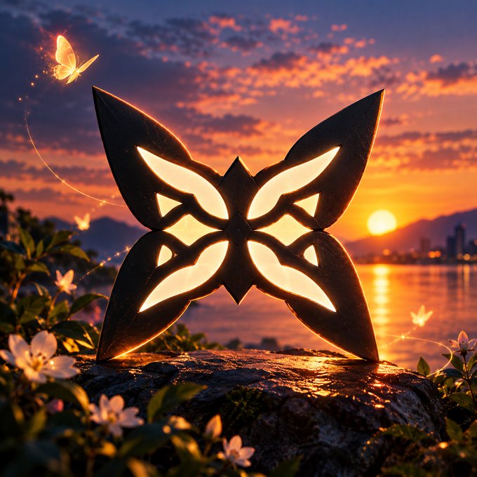 A fantasy-style image of a glowing, symmetrical butterfly-shaped emblem resting on a rock by the water at sunset, with a small glowing butterfly flying nearby.