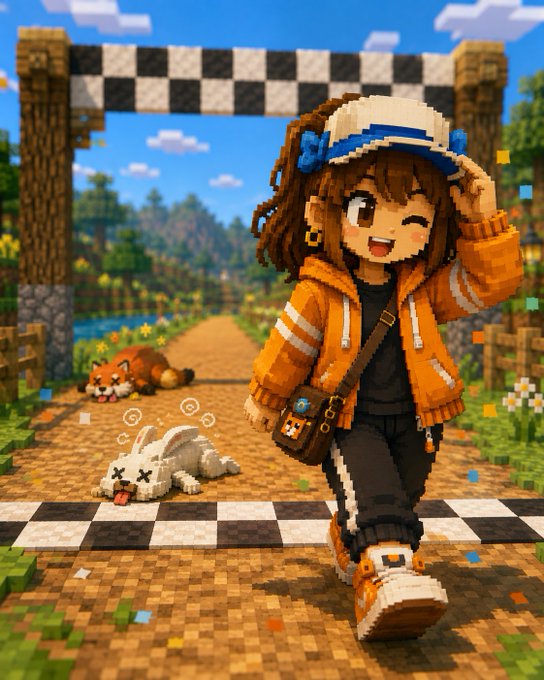 A Minecraft-style voxel illustration shows a cheerful girl in an orange hoodie and blue visor running across a checkered finish line, accompanied by a sleeping red panda and a cartoonish white dog.