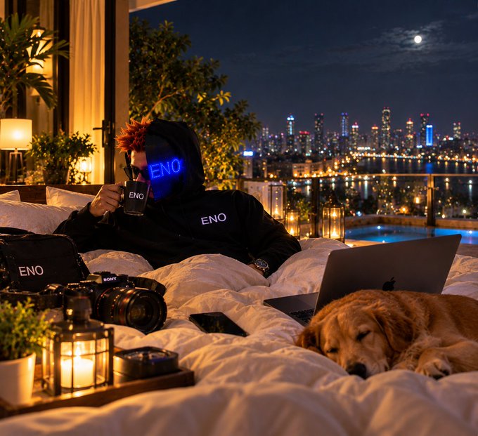 A person wearing a black 'ENO' hoodie drinks from a matching 'ENO' mug on a bed, with a golden retriever, a laptop, camera gear, and a moonlit city skyline visible.