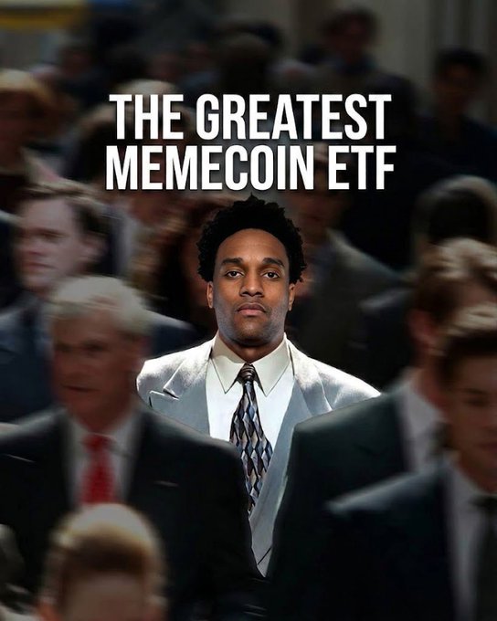 A man in a gray suit and patterned tie stands confidently amid a blurred crowd of businessmen, with the bold text "THE GREATEST MEMECOIN ETF" overlaid above him, creating a cinematic feel that echoes the post's bullish hype about a "greatest memecoin ETF" call.