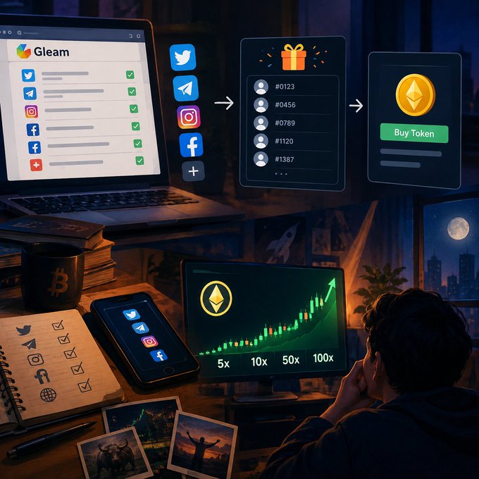 A stylized illustration of a person at a desk with multiple screens showing a "Gleam" giveaway platform integrating social media platforms (Twitter, Telegram, Instagram, Facebook) and a token buy interface, with a chart displaying gains of 5x, 10x, 50x, and 100x.