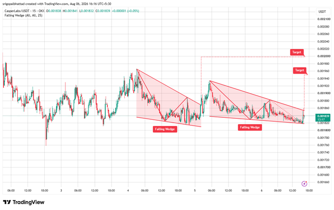 A TradingView chart of CasperLabs (CSPR/USD) showing two "Falling Wedge" patterns with projected targets marked, displayed on a 1-hour timeframe.