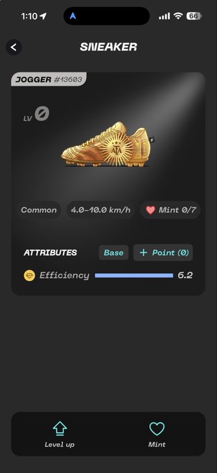 Mobile app screen displaying a digital 'SNEAKER' card labeled 'JOGGER #13603', categorized as Common with a speed range of 4.0–10.0 km/h, Mint 0/7, and an Efficiency attribute of 6.2.