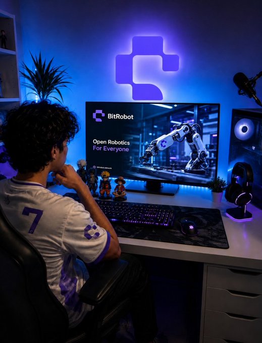 A person sits at a gaming-style desk with blue LED lighting, viewing a monitor displaying the BitRobot logo and the slogan "Open Robotics For Everyone" alongside an image of a robotic arm. The setup, complete with figurines and a backlit keyboard, visually echoes the post's theme of BitRobot Network making open robotics accessible to enthusiasts and contributors alike.
