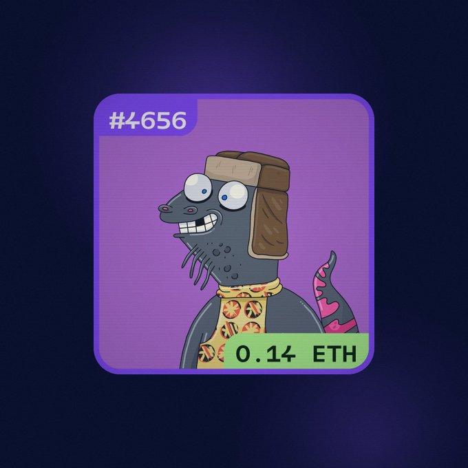 A digital collectible card featuring a cartoonish gray lizard-like creature wearing a ushanka hat and pizza-patterned scarf, labeled '#4656' with a price of '0.14 ETH'.