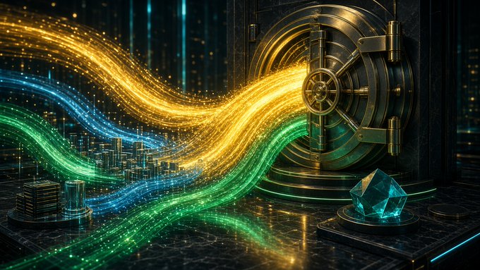 A glowing vault door streams rivers of golden, blue, and green light toward a small futuristic city, symbolizing the powerful capital flowing into the market. The flowing streams visually represent the $433M surge of spot Bitcoin ETF inflows—led by Fidelity's FBTC ($310M) and BlackRock's IBIT ($108M)—that reclaimed the $80K price level.