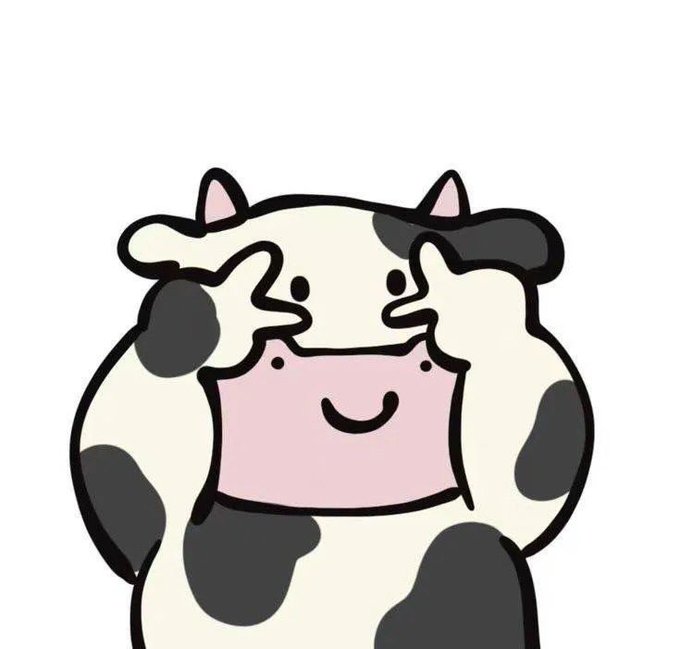 A simple cartoon drawing of a smiling cow with black and white spots wearing a pink shirt or bib.
