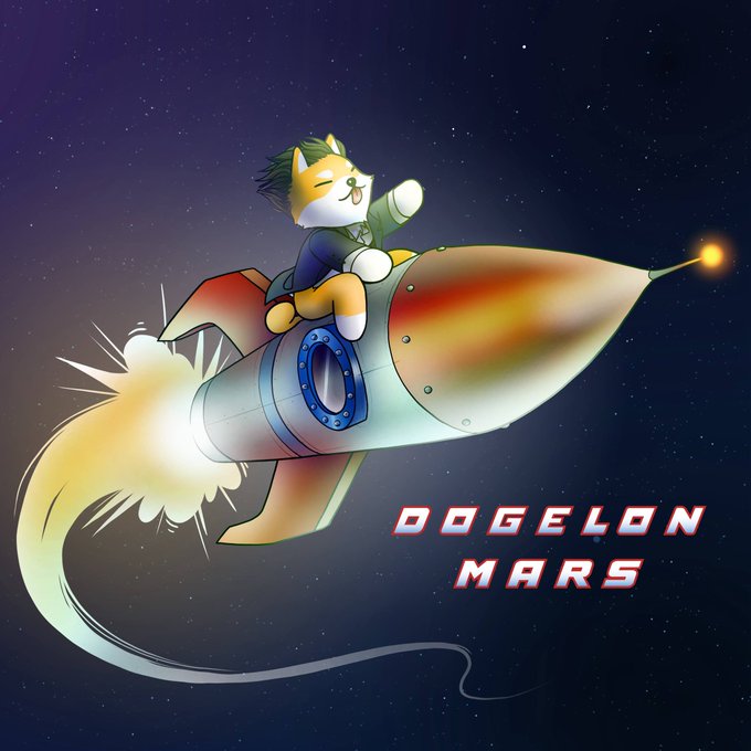 An illustration of a cartoon Shiba Inu dog with closed eyes riding a rocket ship through outer space, accompanied by the text 'DOGELON MARS'.