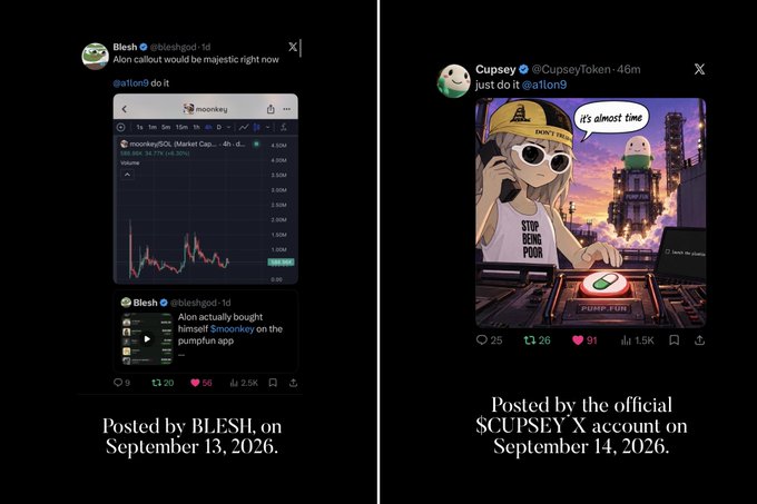 A split image showing two X (formerly Twitter) posts: on the left, a post by 'Blesh' (@bleshgod) showing a crypto chart for $monkey on the Moonsey app, captioned 'Alon callout would be majestic right now' and 'Alon actually bought himself $monkey on the pumpkin app'; on the right, a post by 'Cupsey' (@CupseyToken) featuring an anime-style illustration with the text 'it's almost time' and 'STOP BEING POOR!', with both posts dated September 13-14, 2026.