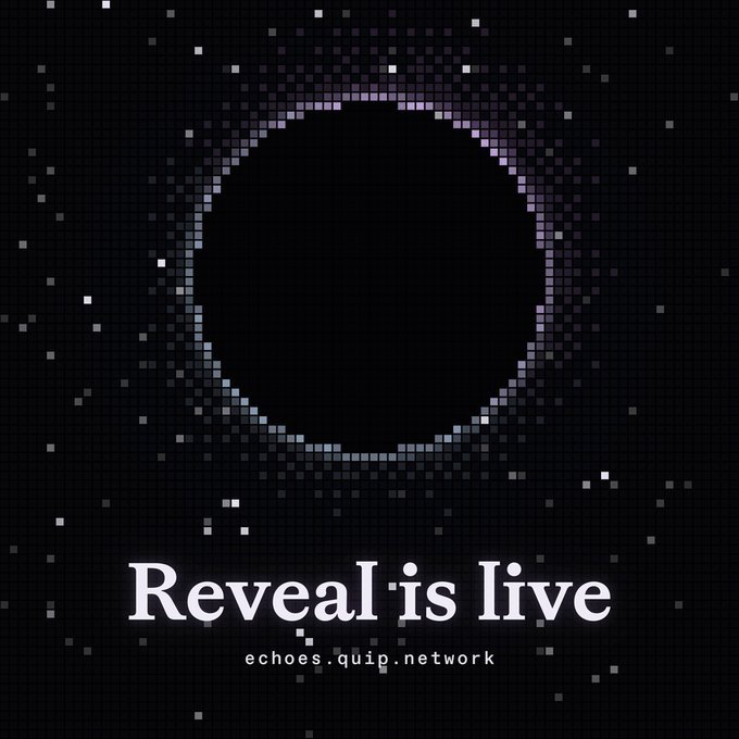 Digital pixel-art style graphic showing a black hole or eclipse surrounded by stars with the text 'Reveal is live' and 'echoes.quip.network' below.