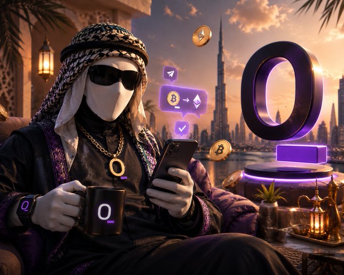 A digital illustration of a person in Arab attire with a keffiyeh and sunglasses using a smartphone, with cryptocurrency icons like Bitcoin and Ethereum floating around.