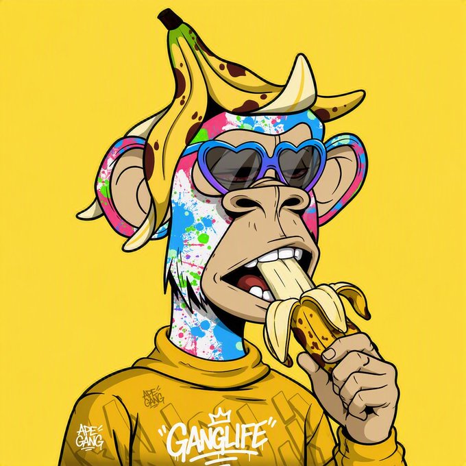 A colorful cartoon illustration of a monkey wearing sunglasses, a yellow 'GANGLIFE' hoodie, and a banana on its head, eating a banana against a yellow background.