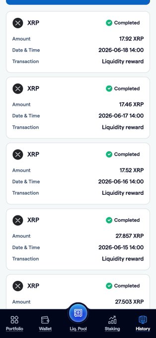 The image presents an overview of a trading app that allows users to see their wallet's balances for various cryptocurrency exchanges. It displays a list of XRP transactions and updates the app accordingly. In addition, the image provides historical information about recent completed liquidity rewards using XRP as its main currency. Overall, the post focuses on FortisX catching my attention due to fresh XRP activity in the trading app, while showcasing how simple and straightforward it is for users to track their balances and the history of XRP Liquidity Rewards.