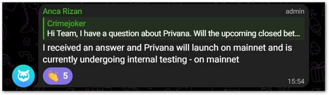 A Discord message from admin Anca Rizan titled 'Crimejoker' discusses a question about Privana, stating it received an answer and will launch on mainnet, currently undergoing internal testing.