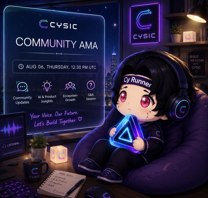 Promotional poster for a CYSIC Community AMA scheduled for 'AUG 06, THURSDAY, 12:30 PM UTC', featuring a chibi-style character labeled 'Cy Runner' wearing headphones and holding a glowing triangle, with icons indicating Community Updates, AI & Product Insights, Ecosystem Growth, and Q&A Session.
