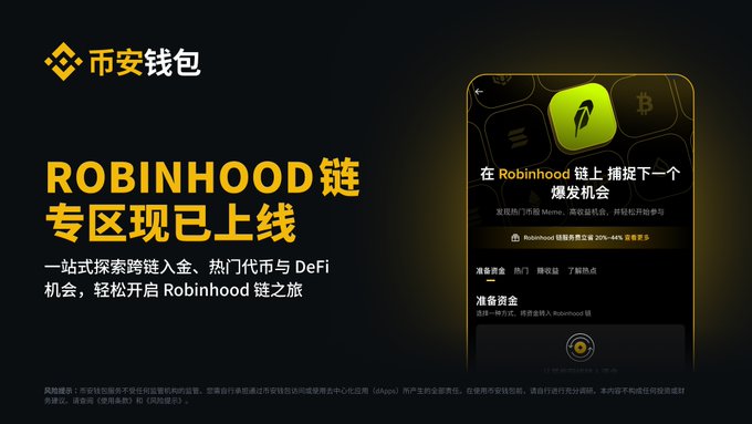 The image is a Binance Wallet promotional banner announcing a new dedicated Robinhood Chain section, featuring the Robinhood app icon and Chinese text highlighting "ROBINHOOD 链专区现已上线" (Robinhood Chain section now live) for one-stop cross-chain deposits, hot tokens, and DeFi opportunities. It complements the post by visually showcasing the feature that lets users bridge funds from BSC to the Robinhood chain and explore Meme tokens and yield opportunities directly within Binance Wallet.