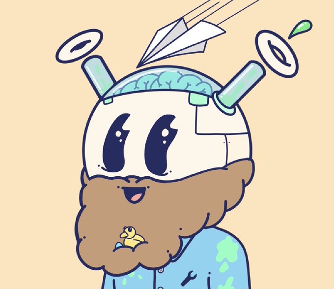 A cartoon illustration of a bearded character with a transparent dome head containing a brain, tubes, and a paper airplane, wearing a blue shirt.