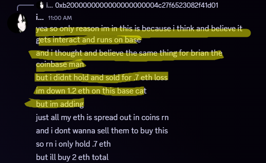 This image displays a chat conversation where the user discusses trading "base cat" and mentions a loss of 1.2 ETH, but plans to add more. This relates to the post's narrative of regretting a past trade involving "brian the coinbase man" and a loss despite conviction.