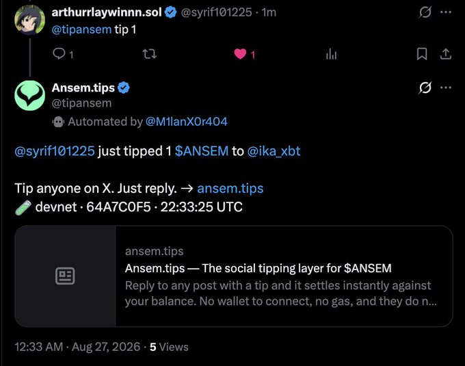 The screenshot shows a verified user "arthurrlaywinnn.sol" (@syrif101225) replying with "@tipansem tip 1" to an automated Ansem.tips bot (@tipansem), which confirms that "syrif101225 just tipped 1 $ANSEM to @ika_xbt" at 22:33:25 UTC on devnet.

This image illustrates the growing Ansem ecosystem mentioned in the post, as it demonstrates the tip bot actively facilitating $ANSEM transactions; however, the post's author expresses skepticism by questioning why @M1lanX0r404 (who automates the @tipansem bot) previously shared and then deleted the $TIPANSEM contract address prior to the main account being hacked.