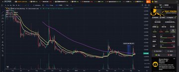 A TradingView screenshot displaying a cryptocurrency price chart in a strong downtrend with a purple exponential moving average curve and multiple moving averages.