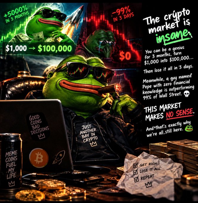 A Pepe the Frog-themed meme graphic about crypto market volatility, featuring '$1,000 → $100,000' (+5000% in 3 months) and '-99% IN 3 DAYS' scenarios, with text including 'The crypto market is insane,' 'THIS MARKET MAKES NO SENSE,' and references to 'Pepe' outperforming Wall Street by 99%.