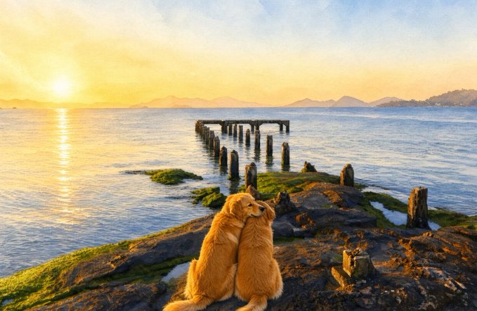 A scenic photograph of two golden retriever-like dogs sitting together on a rocky coastline at sunset, with wooden pier pilings extending into the calm water and mountains visible in the distance.