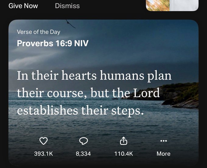 A screenshot shows a "Verse of the Day" card from the YouVersion Bible App displaying Proverbs 16:9 NIV ("In their hearts humans plan their course, but the Lord establishes their steps.") over a coastal seascape background, with engagement metrics of 393.1K likes, 8,334 comments, and 110.4K shares.
