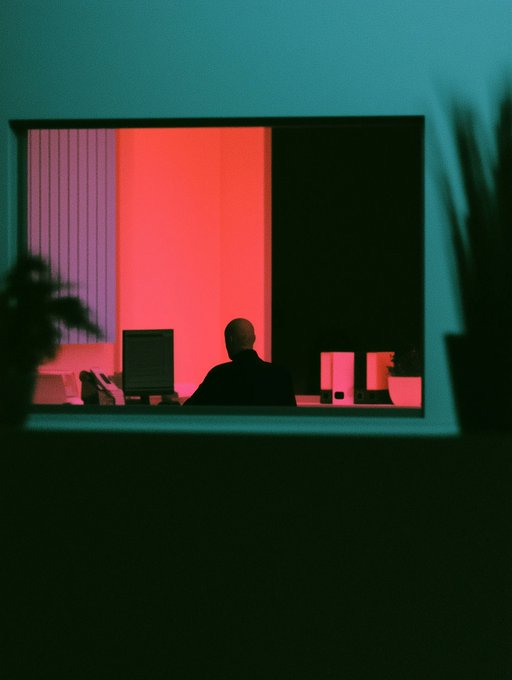 Through a window frame, the dark silhouette of a person sitting at a computer desk is visible against a room bathed in vivid, contrasting red and teal lighting.