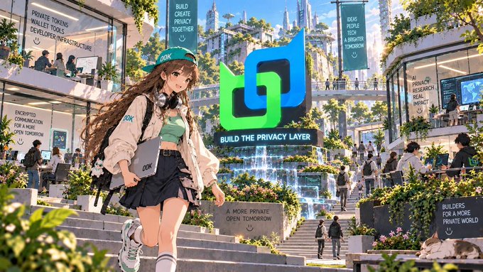 An anime-style promotional artwork featuring a girl with brown hair in a white jacket walking through a lush, futuristic green city with waterfalls, alongside a large green and blue logo reading 'BUILD THE PRIVACY LAYER' and various banners referencing encrypted communication, private tokens, and zero-knowledge proof.