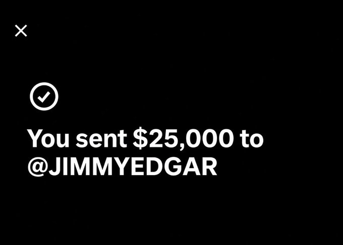 A screenshot showing a successful transaction confirmation that reads "You sent $25,000 to @JIMMYEDGAR," seemingly displayed in response to someone's question about rank—possibly highlighting a large payment made to climb or demonstrate status.