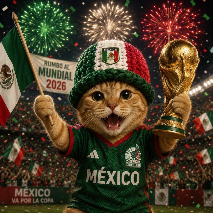 An orange tabby cat wearing a green Mexican national team jersey and a crocheted green, white, and red Mexico beanie cheers while holding a Mexican flag and the FIFA World Cup trophy, with fireworks and "Rumbo al Mundial 2026" banner in the background.