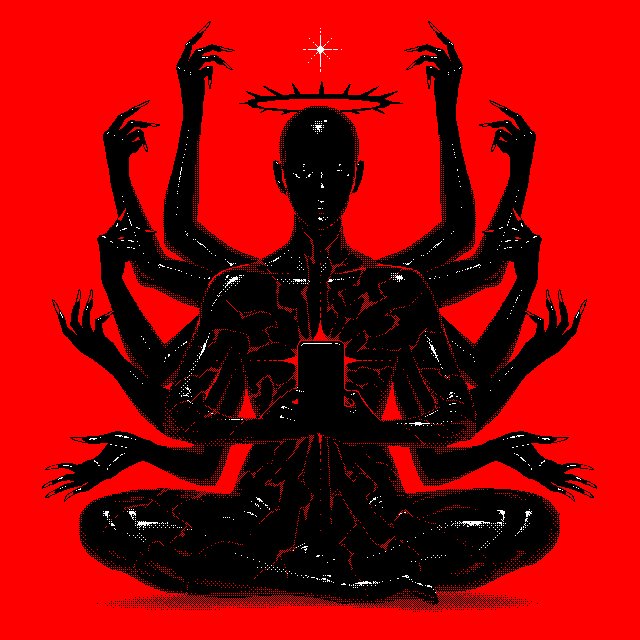 The image features a black figure with multiple arms, sitting cross-legged and holding a cell phone. The background of the image is red, which contrasts with the black figure and adds intensity to the scene. There are no other texts or objects present in the image, making it a simple yet striking visual composition that draws attention to the central figure and its interaction with modern technology.