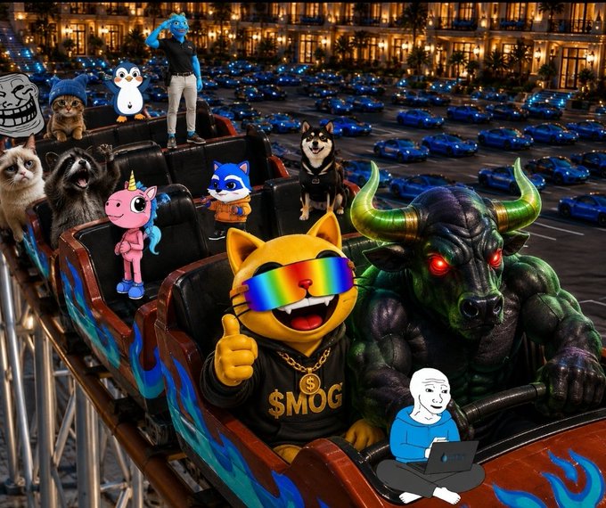 An AI-generated image of various crypto meme mascots—including a cat in rainbow sunglasses, a demon bull, Shiba Inu, penguin, raccoon, and Wojak—riding a roller coaster in a stadium filled with blue cars.