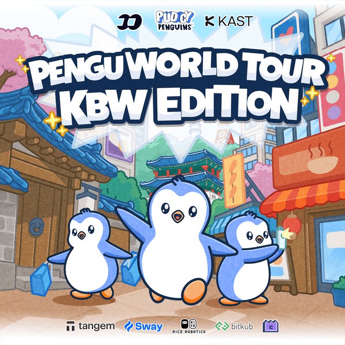 A colorful promotional illustration for the 'Pengu World Tour KBW Edition' featuring three cartoon penguins in a stylized Korean street setting, with sponsor logos including Pudgy Penguins, KAST, tangem, Sway, Nice Robotics, bitkub, and a calendar icon at the bottom.