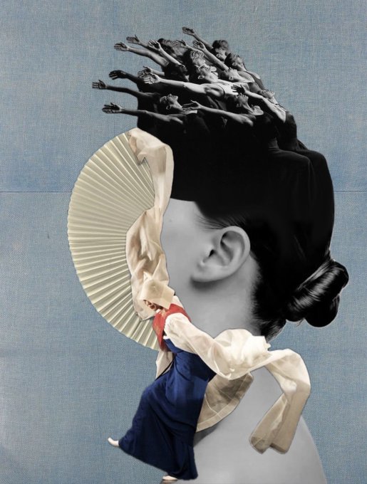 A surreal collage featuring the back of a woman's head with an elaborate updo made of small reaching figures, and a small figure in traditional clothing emerging from a pleated fan in front of her face.