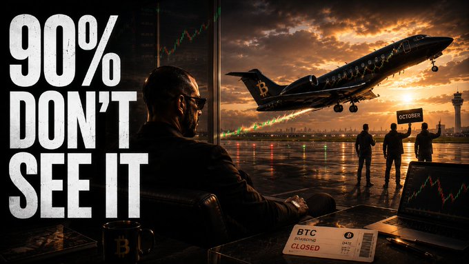 A man gazes at a boarding pass marked "BTC" with "CLOSED" status while a Bitcoin-branded jet takes off in the distance, as figures labeled "OCTOBER" remain stranded at the gate. The bold "90% DON'T SEE IT" text underscores the message that most investors miss the moment crypto takes off while waiting for a perfect, calendar-based entry.