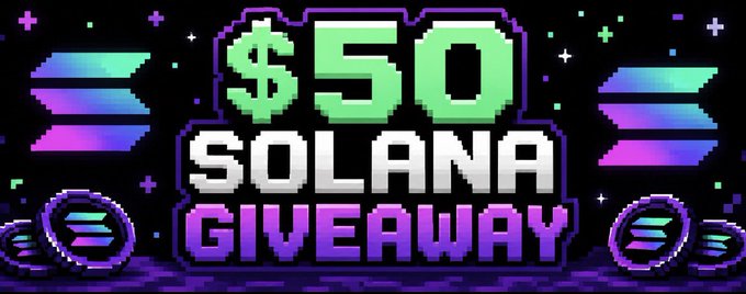 A vibrant pixel-art banner advertises a "$50 SOLANA GIVEAWAY," featuring the text in bold green and white lettering against a purple and pink retro-style background. The image visually represents the accompanying post's giveaway announcement, which outlines entry requirements—following, liking, reposting, and commenting with a Solana ($SOL) wallet—and notes the promotion ends in 90 minutes.