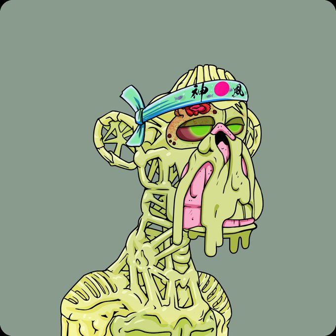 The image features a cartoon monkey with a green face, wearing a bandana around its head and a mask over one eye. The monkey appears to be made of metal or plastic, giving it an unusual and creepy appearance. The background of the image is gray, which contrasts with the vibrant colors of the monkey's costume. There are no texts present in the image, but there is a caption that reads "I cannot believe I own this MAYC".
