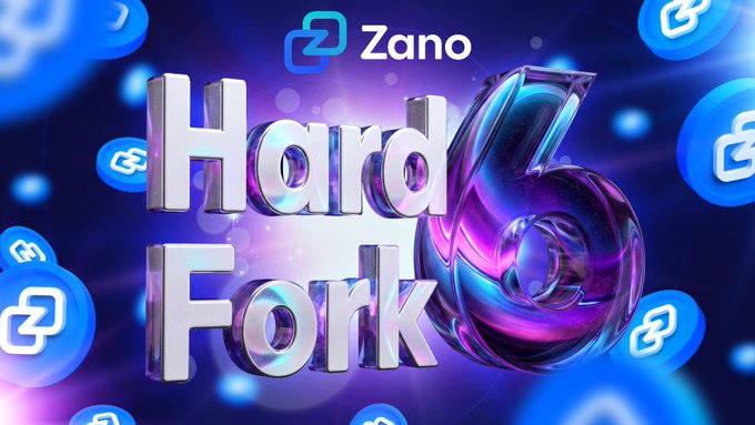 A promotional graphic displays 'Zano Hard Fork' in metallic 3D lettering against a blue background with Zano chain icons.