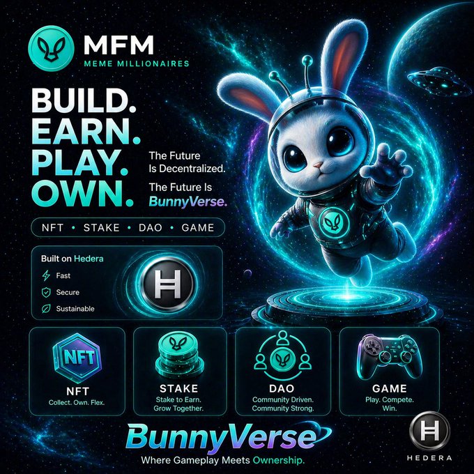 A promotional banner for MFM (Meme Millionaires) BunnyVerse, a Hedera-based platform offering NFT, STAKE, DAO, and GAME features with the tagline 'BUILD. EARN. PLAY. OWN.'