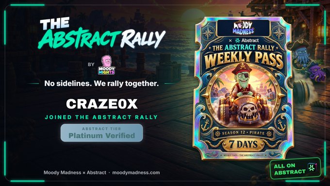A promotional graphic for 'THE ABSTRACT RALLY' by Moody Madness NFT, announcing that 'CRAZEOX' has joined with 'Platinum Verified' status, featuring a pirate-themed 'Weekly Pass' card for Season 12.